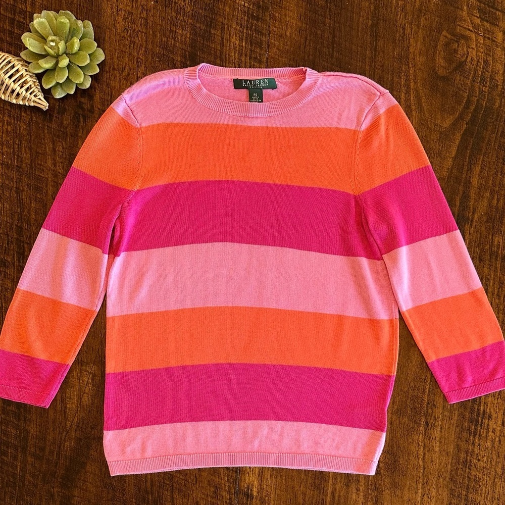 Lauren Ralph Lauren | Striped Knit Sweater, Pink & Orange Striped, Size PS